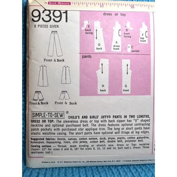 Simplicity 9391 Sewing pattern Girls A line dress pants shorts top 1960s size 6 - Picture 4 of 6